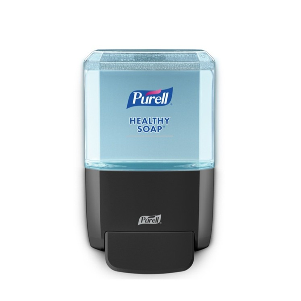 A wall-mounted soap dispenser with a transparent container filled with light blue liquid soap and a black base. PURELL® ES4 Graphite Soap Dispenser (1200 ml., 1 Dispenser/Case)